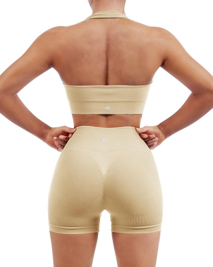 SUUKSESS Women Seamless Ribbed Workout Set Backless Sports Bra Booty Biker Short (Large, Beige)
