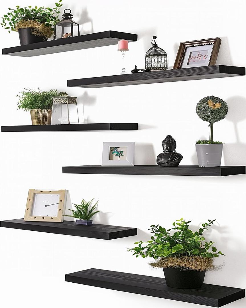 PHPH 24 Inch Wood Floating Shelves for Wall, Wooden Wall Shelves for Bedroom, Set of 6 Black