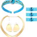 Pterosauria Princess Costume Accessories for Women girls include headband Gold Necklace and Earrings Hair Ties Halloween Dress Up Cosplay Party Supplies(7PCS)