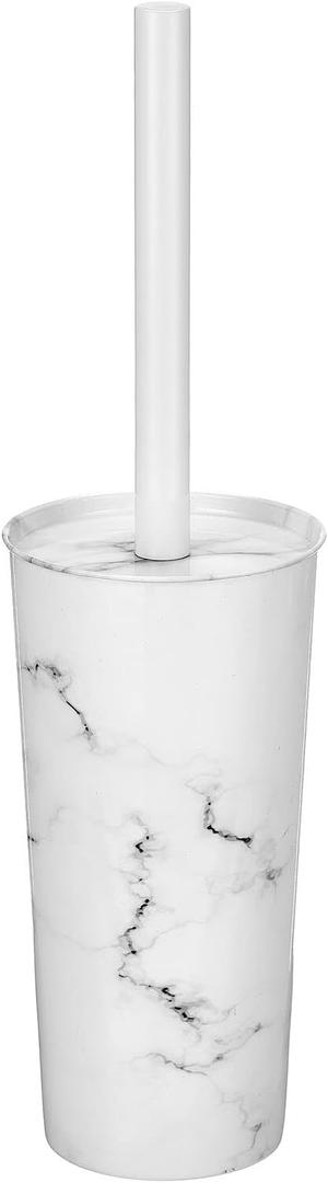 mDesign Stainless Steel Toilet Bowl Brush and Holder Set, Modern Metal Compact Storage Organizer Cleaner Scrubber for Toilet - Heavy Duty Cleaning Plunger for Bathroom, Mirri Collection, White Marble