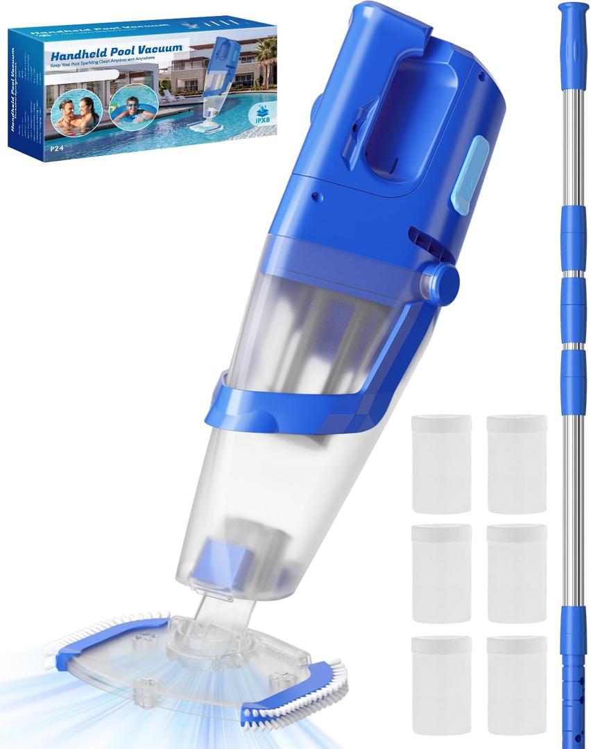 Cordless Handheld Pool Vacuum Cleaner with Telescopic Pole, 26.5 GPM Powerful Suction, Longer 1H Runtime, Portable Pool Vacuums for Above Ground/Inground Pools, Hot Tubs, Spas, Deep Blue