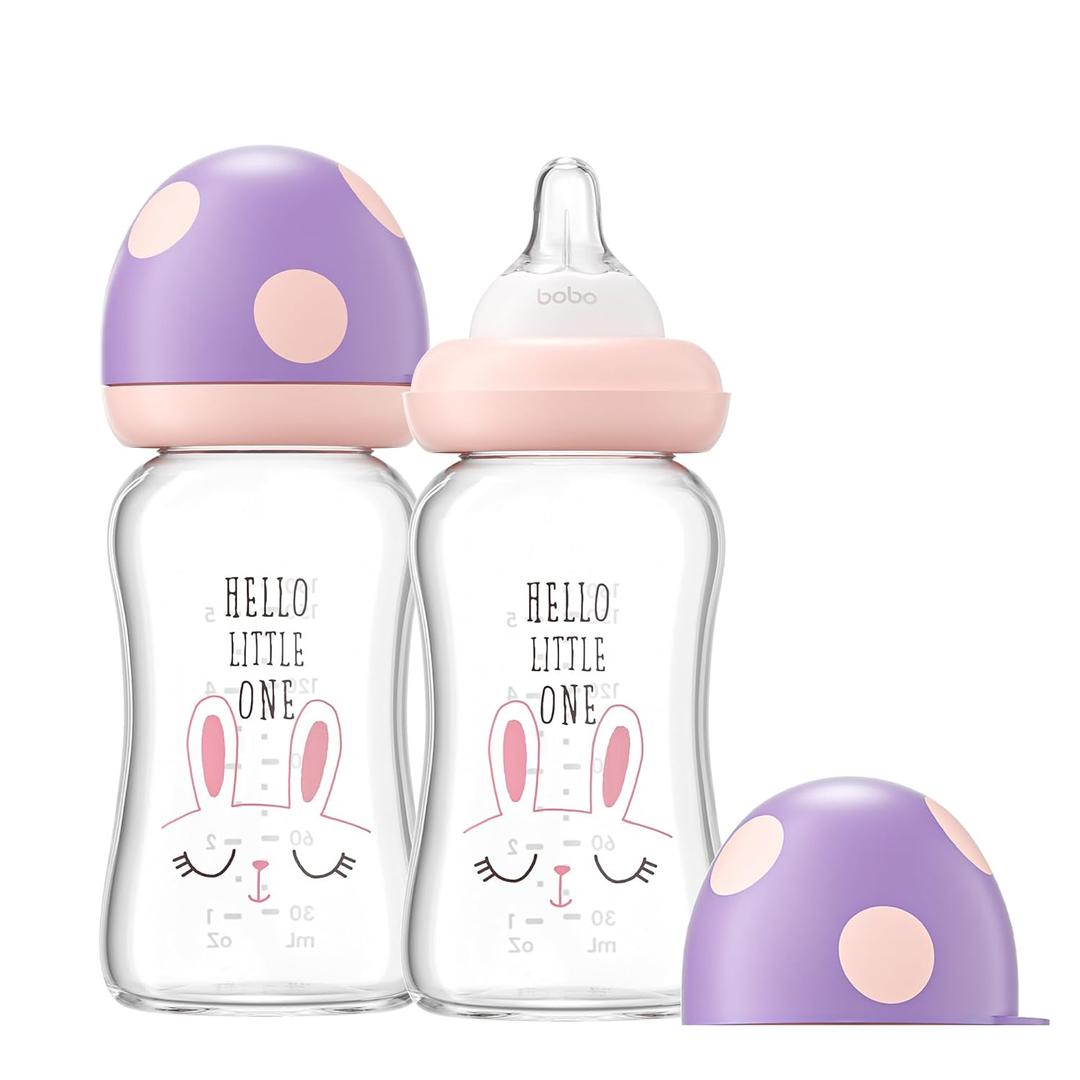 YOHKOH Natural Glass Baby Bottle with Level 1 Slow Flow Nipple, Newborn Anti-Colic Baby Bottles, Wide Neck Mushroom Baby Glass Bottle ((5.4oz (Pack of 2), Purple)