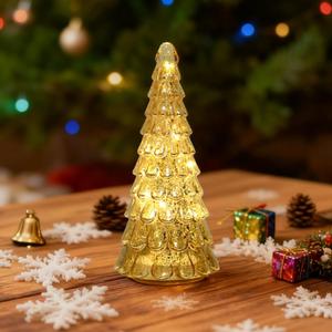 Glass Christmas Tree Decorations Indoor, Mercury LED Light Tabletop Decor for Fireplace Table Home, Battery Operated Night Lights with Timer for Festival, New Year, Ceremony (Classic Type)