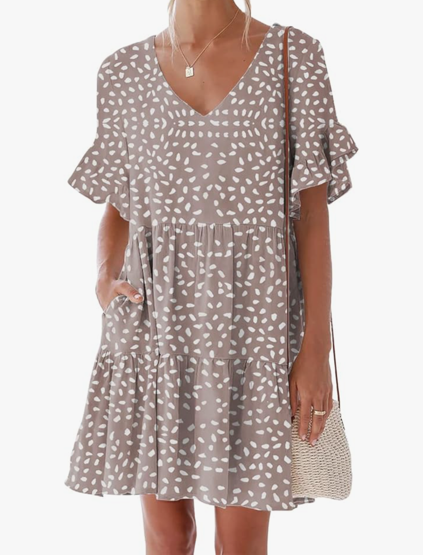 Nclook Womens Summer Casual Dresses Sweet Cute V Neck Mini Dress with Pockets Ruffle Short Sleeve, Size XL
