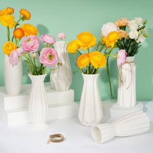 6 Pack White Ceramic Vase, Flower Vase Textured Table Centerpiece Weddings Vases with Twine Bow, Modern Home Decor, Fit for Foyer Living Room Fireplace Bedroom Kitchen 7.09-8.27" H