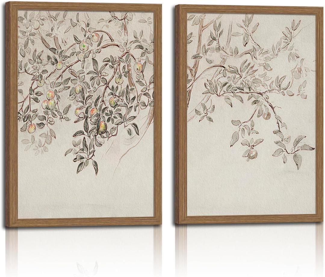 2 Pcs Framed Wall Art for Living Room Vintage Plant Wall Art Apple Trees Oil Painting Decor Aesthetic Room Decor Framed Canvas Print Artwork Farmhouse Still Life Wall Pictures for Bedroom 16x24in