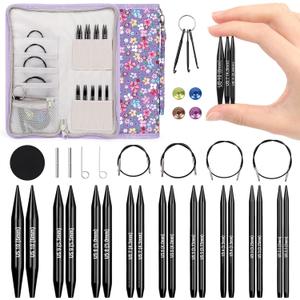 Katech Short Interchangeable Knitting Needles Set- 9 Pairs 2.17 Inch Circular Knitting Needles for Beginners Size 3.0-6.0mm, Round Knittings Needle with Cable and Case Accessories for Gloves Socks