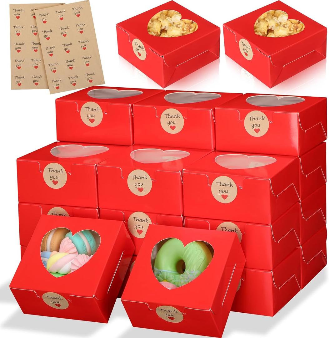 25 Pcs Red Bakery Boxes for Women Mother with Window Heart Cupcake Treat Cookie Dessert Box Bulk Mom Gift for Chocolate Strawberries Donuts Candy Party Favor (4x4x2 Inch)