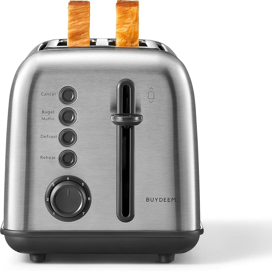 BUYDEEM DT620 2-Slice Toaster, 7 Shade Settings, Extra Wide 1.5'' Slots for Bagel & English Muffin, 6 Toasting Functions, Retro Stainless Steel Toaster with High Lift Lever, Silver