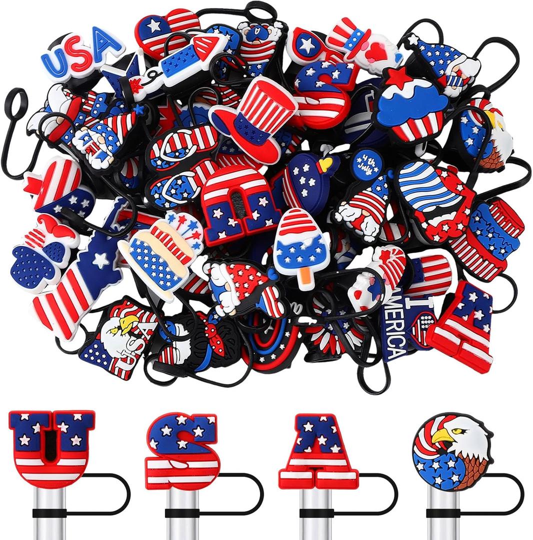 50 Pcs 4th of July Patriotic Straw Cover Cap,Independence Day Reusable Straw Toppers,Silicone Straw Toppers for Cup Accessories 30&40 Oz Tumbler 10mm