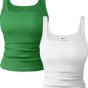 OLCHEE Womens 2PK Square Neck Tank Tops Seamless Ribbed Trendy Going Out Basic Shirts 2025 Summer Slim Fit Cami, Size M