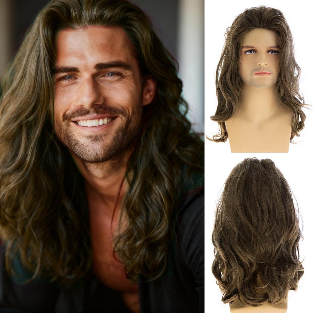 Baruisi Long Wavy Brown Wigs for Men Synthetic Layered Cosplay Party Wig