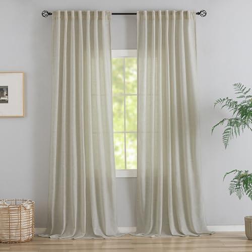 92 Inch Length Curtains Burlap Linen Back Tab & Rod Pocket Semi Gauze Privacy Parlor Drapes Curtains,2 Panels Rustic Cottagecore Boho Decor Light Filtering Real Linen Curtains,52"Wide by 92",Tan Beige