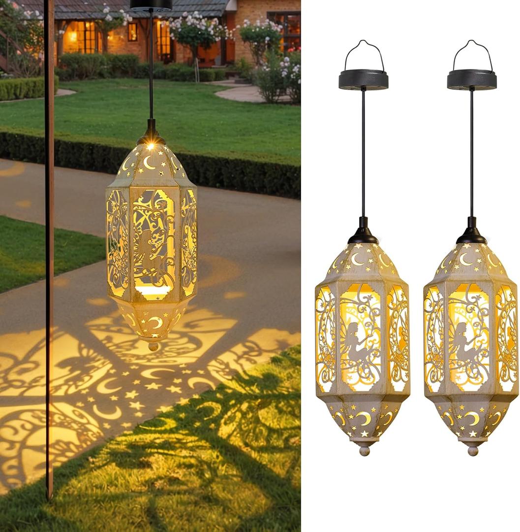 Outdoor Solar Lanterns Waterproof Fairy Moon Garden Gifts for Women Mom12.4 Metal Garden Lanterns Hanging Light for Patio Backyard Decorations, Mothers Day Birthday Gifts (Gold White,2Pack)