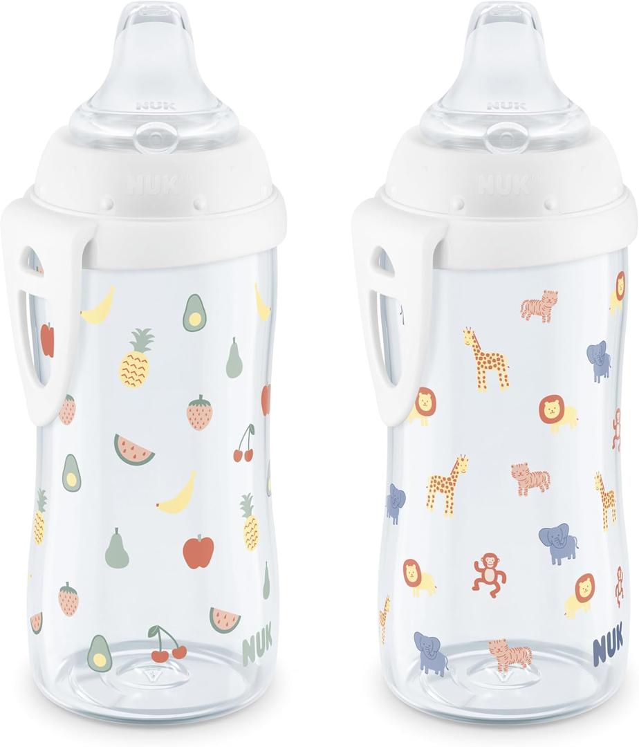 NUK Active Cup, Fun Fruits and Animal, 10 Oz, Pack of 2 BPA Free, Spill Proof Transition Sippy Cup