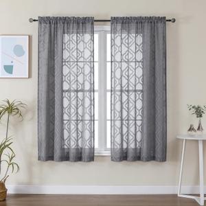 2 x Lecloud Wasa Charcoal Grey Sheer Curtains 63 Inch Length Set of 2, Classic Solid Jacquard Curtains, Light Filtering & Lightweight Gauzy Window Treatments for Bedroom, 42 W x 63 L