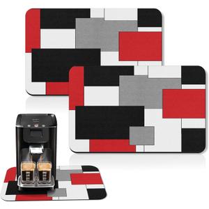 Arttown Coffee Mat for Countertops, Red Black White Grey Modern Dish Drying Mat 2 Pcs for Kitchen Bar Accessories, Fit Under Coffee Maker Espresso Machine Dish Rack Hide Stain Rubber 12x19in