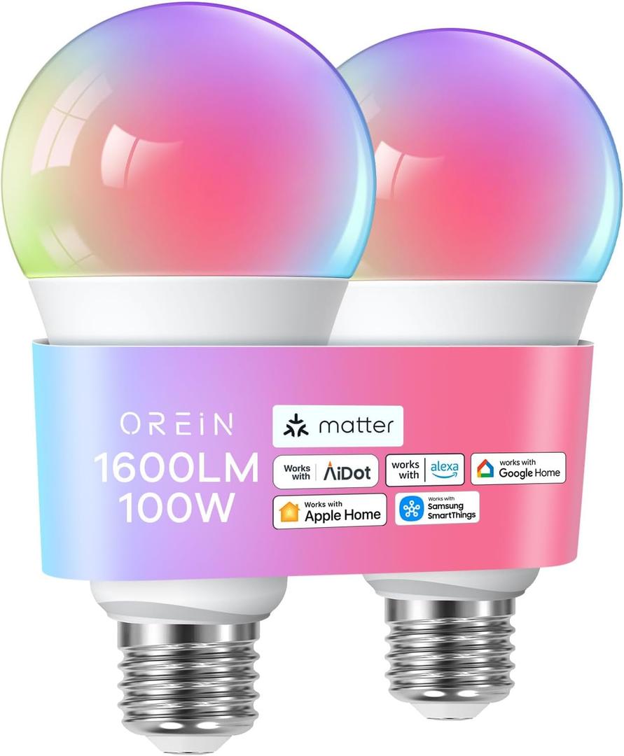 OREiN Matter Smart Light Bulb, 1600 Lumens 100W Equivalent Smart Light Bulbs, Color Changing Light Bulbs Work with Apple Home, Alexa, Google Home, SmartThings, A21 Smart Bulbs 2.4Ghz WiFi, 2Pack