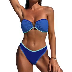 ZAFUL Women's Bandeau Bikini V Strapless Confetti Colorblock Tie Back High Cut Two Piece Swimsuit Bathing Suits (Large, 1-blue)