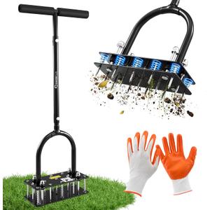 Sakerplus Aerator Lawn Tool, Hand Metal Spike Lawn Aerator with Rebounce Spring Base, Automatic Leaf and Dirt Cleaning, Grass Aerator for Lawn Care, Soil Loosening, Yard Aerating (Black Handle)