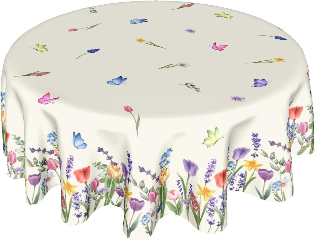 Spring Summer Floral Tablecloth Round 60 Inch,Colorful Wildflower Leaf Butterfly Polyester Circle Table Cloth Wrinkle Stain Resistant Washable Table Cover for Kitchen Dining Room Party Picnic