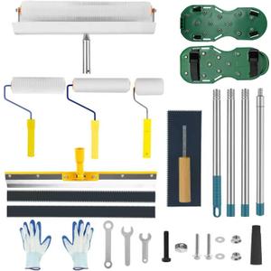 Complete Self Leveling Cement Tool Kit, Professional Epoxy Floor Kit Tools with Spiked Roller with Splash Guard, Spike Shoes, Paint Roller, Trowel, Scraper & Extension Pole