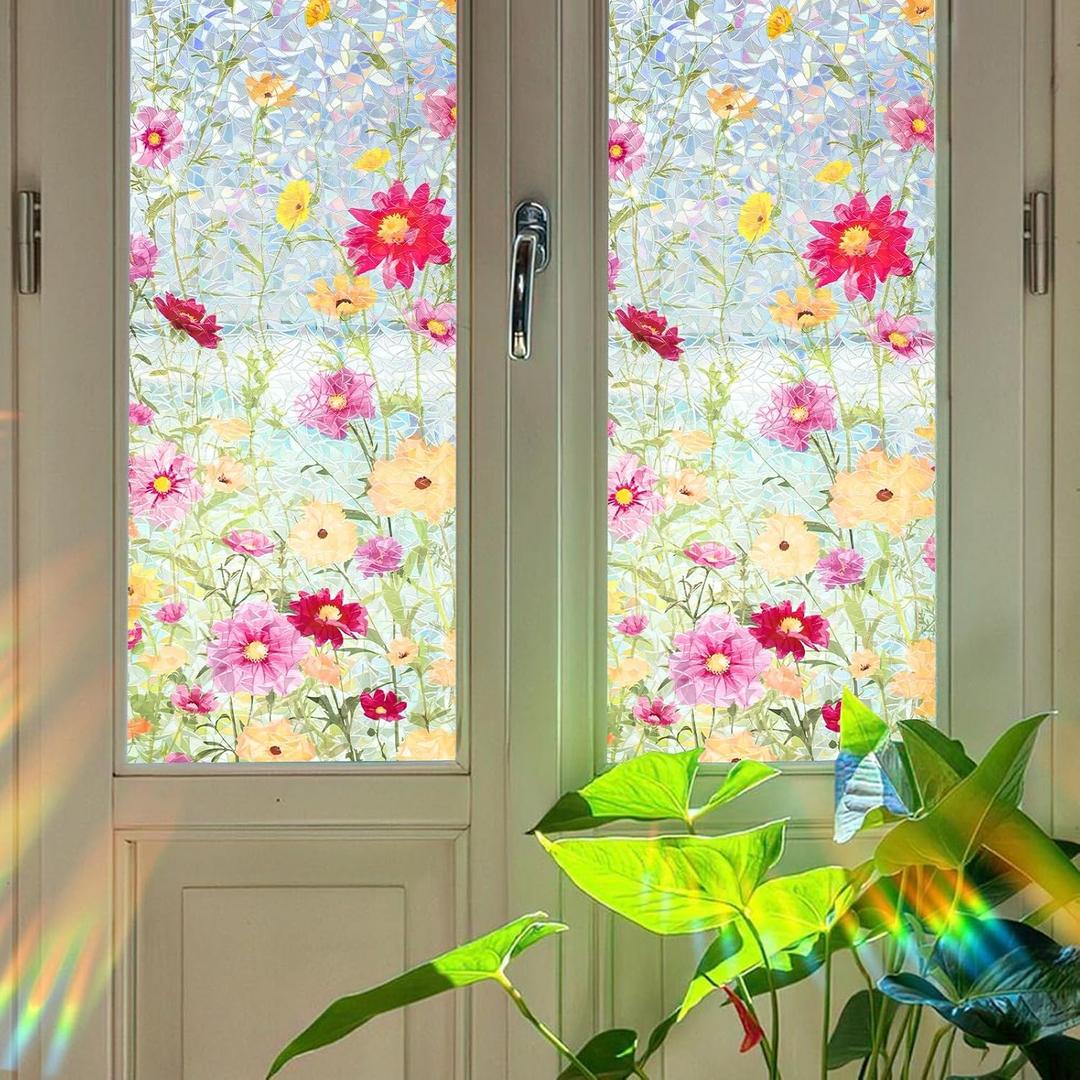 Holographic Floral Privacy Window Film, 3D Laser Static Cling, No Glue, UV Blocking & Heat Insulation for HomeOfficeCarBathroom&Glass Cabinet Decor (31.5x78.7in)