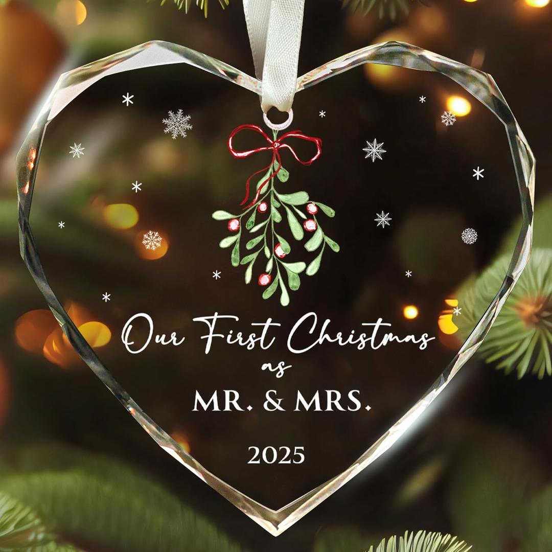 First Christmas Married Ornament 2025 - Mr and Mrs Gifts - Wedding Gifts for Couples, Newlyweds, Bride, Future Mr and Mrs - Married Bridal Shower Gift Ideas - Glass Wedding Ornament 2025