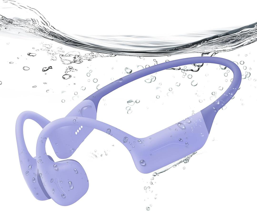 Full-Coverage Liquid Silicone Swimming Headphones, IP68 Waterproof Underwater Headphones, Bluetooth 6.0&MP3 with 32GB Memory Card, Soft/Skin-Comfortable Open Ear Bone Conduction Swim Earbuds(Purple)