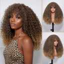 Shaggy Curly Wig with Bangs Ombre Brown Blonde Wigs Natural Look Human Hair Blend Fiber for Everyday Soft Stylish Wear 20 Inch