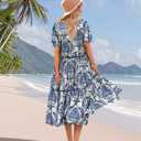YESNO Summer Floral Midi Dresses for Women V Neck Puff Short Sleeve Frill Trim Dress with Pockets EVX (XXXL)