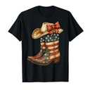 Retro Western Cowboy Boots Cowgirl American Flag 4th of July T-Shirt L Ladies