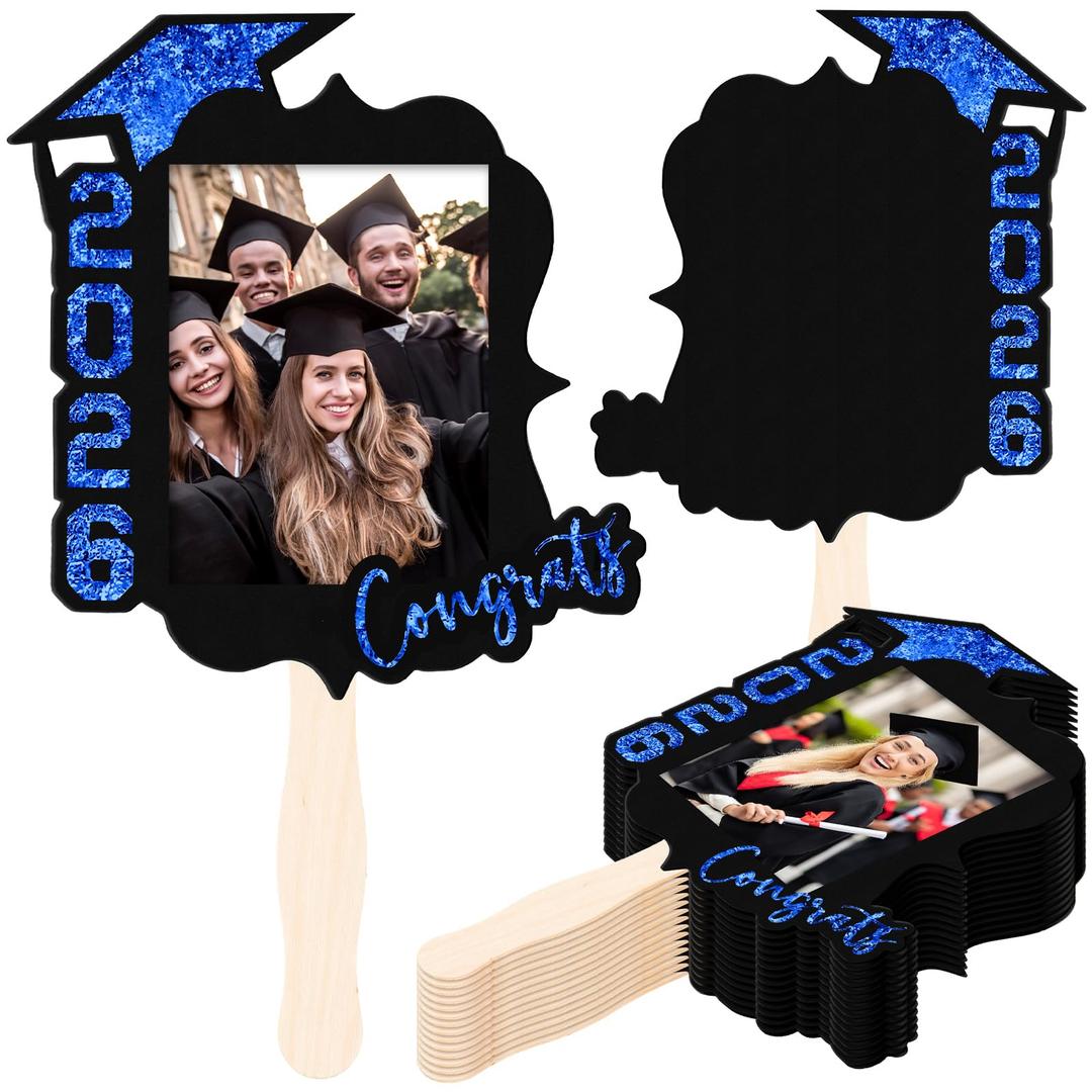 24 Pcs Personalized Graduation Fans Custom Photo Cutout Face Fans with Handle Double Sided Class of 2026 Grad Photo Props Grad Party Supplies Blank DIY Frame for Graduation Party Souvenirs(Blue)