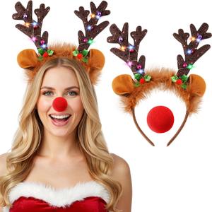 Farochy LED Reindeer Antlers Headband with Red Nose, Christmas LED Headband Christmas Reindeer Ears for Xmas Party