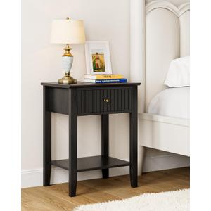Fluted Nightstand, Farmhouse Night Stand with 1 Drawers, Mid Century Modern Side Accent Table,Bedside End Table for Bedroom, Living Room, Black
