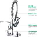Commercial Wall Mount Kitchen Sink Faucet Brass Constructed Polished Chrome Pre-Rinse Device 25" Height 8" Center with Spring Pull Down Sprayer and 12" Add-on Spout (25 inches)