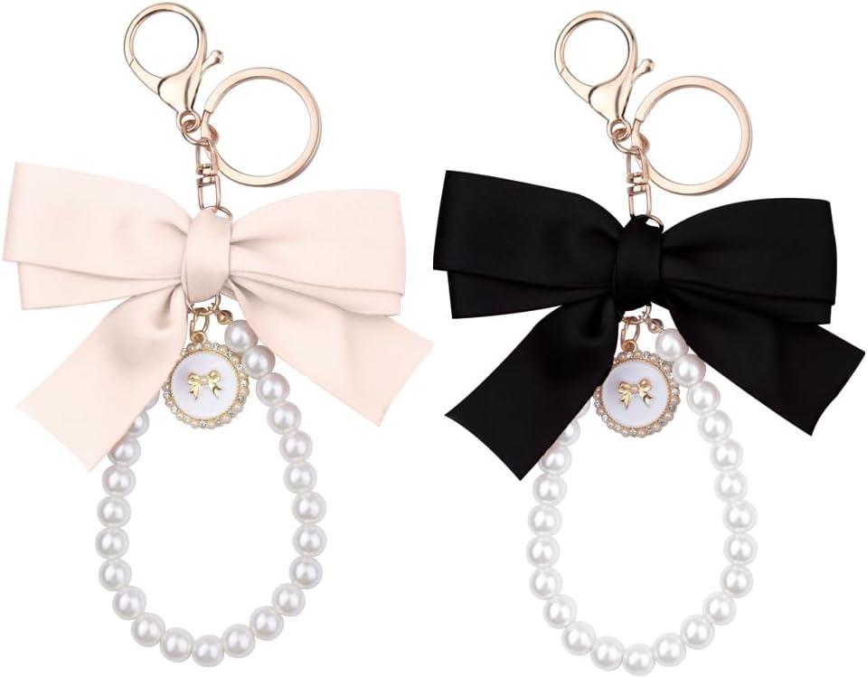 Bag Purse Charms for Handbags with Bow Keychain Black Ribbon Wristlet Keychain for Women Pearl Bracelet Keychain for Car Keys Cute Coquette Accessories for Women Girls Bag Decoration 2Pcs
