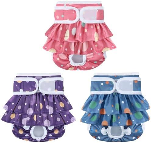Female Dog Diapers with Skirts 3 Pack Reusable Dog Panties for Heat Cycle Period (Large, Bubbles)