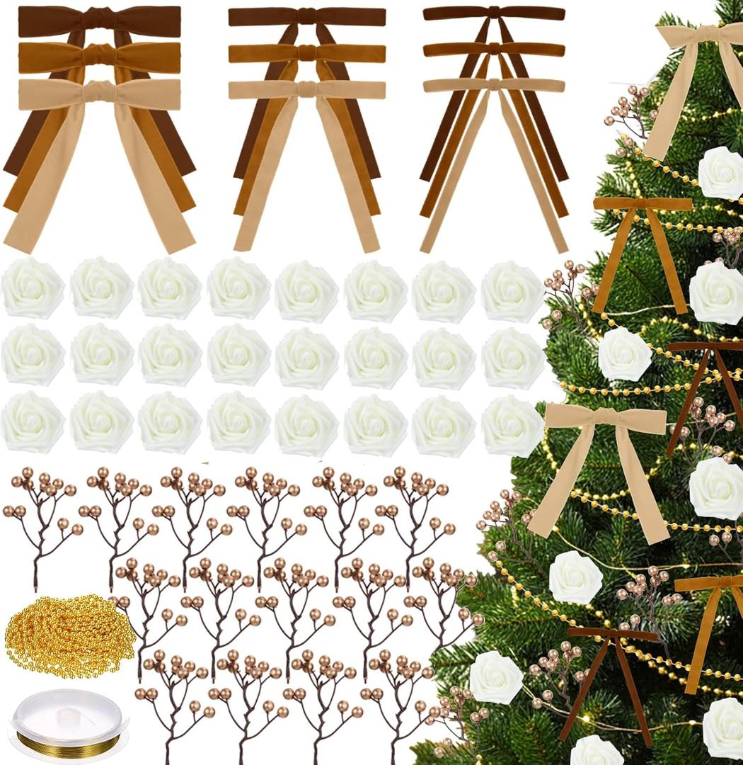 78 Pcs Neutral Christmas Tree Decoration Set with 25pcs Brown Velvet Bows 25pcs White Foam Rose 26pcs Gold Berries Picks Pearl Garland Vintage Christmas Ornaments for Holiday Xmas Decor