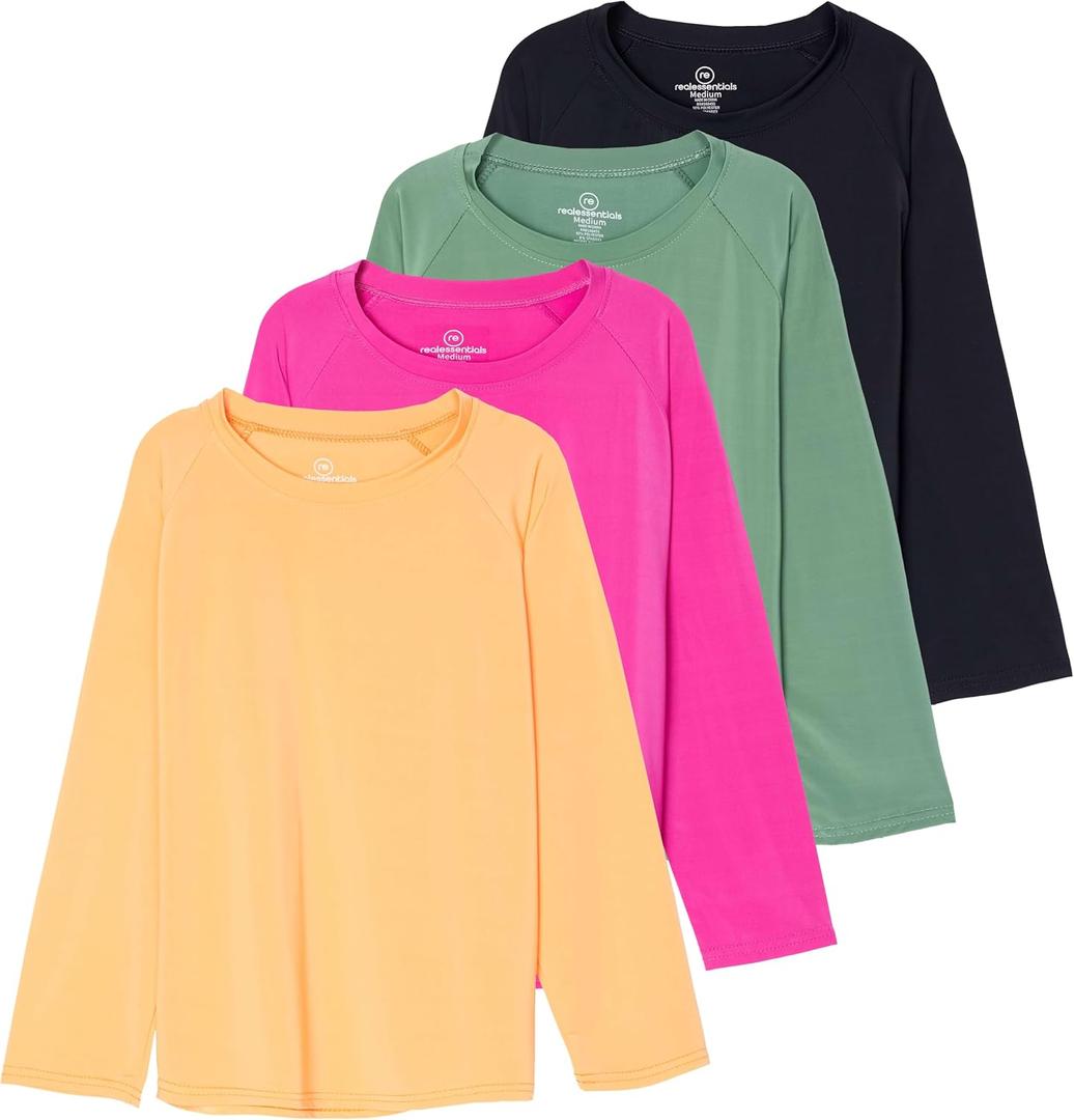 Real Essentials 4 Pack: Girls Rash Guard Swim Shirts Long Sleeve UPF Sun Protection Tops (Ages 416) (XS)