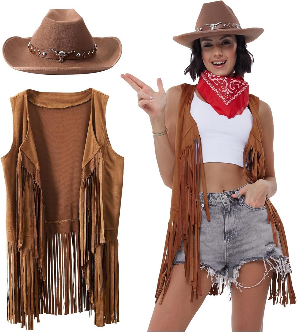 Western Outfits for Women Cowgirl Tassel Sleeveless Vest Cowboy Hat and Paisley Bandana (Large, Brown)