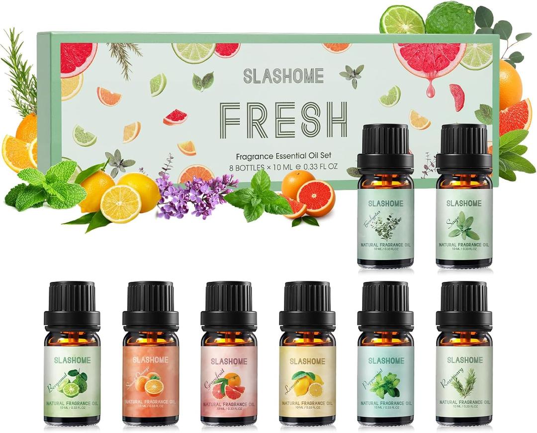 Fresh Essential Oils Set  8 Pcs Uplifting Aromatherapy Oils for Diffuser | Purifying Scents for Home,Fragrance Oil for Candle, Aromatherapy Gift Set | Lemon, Peppermint, Rosemary, Eucalyptus & More