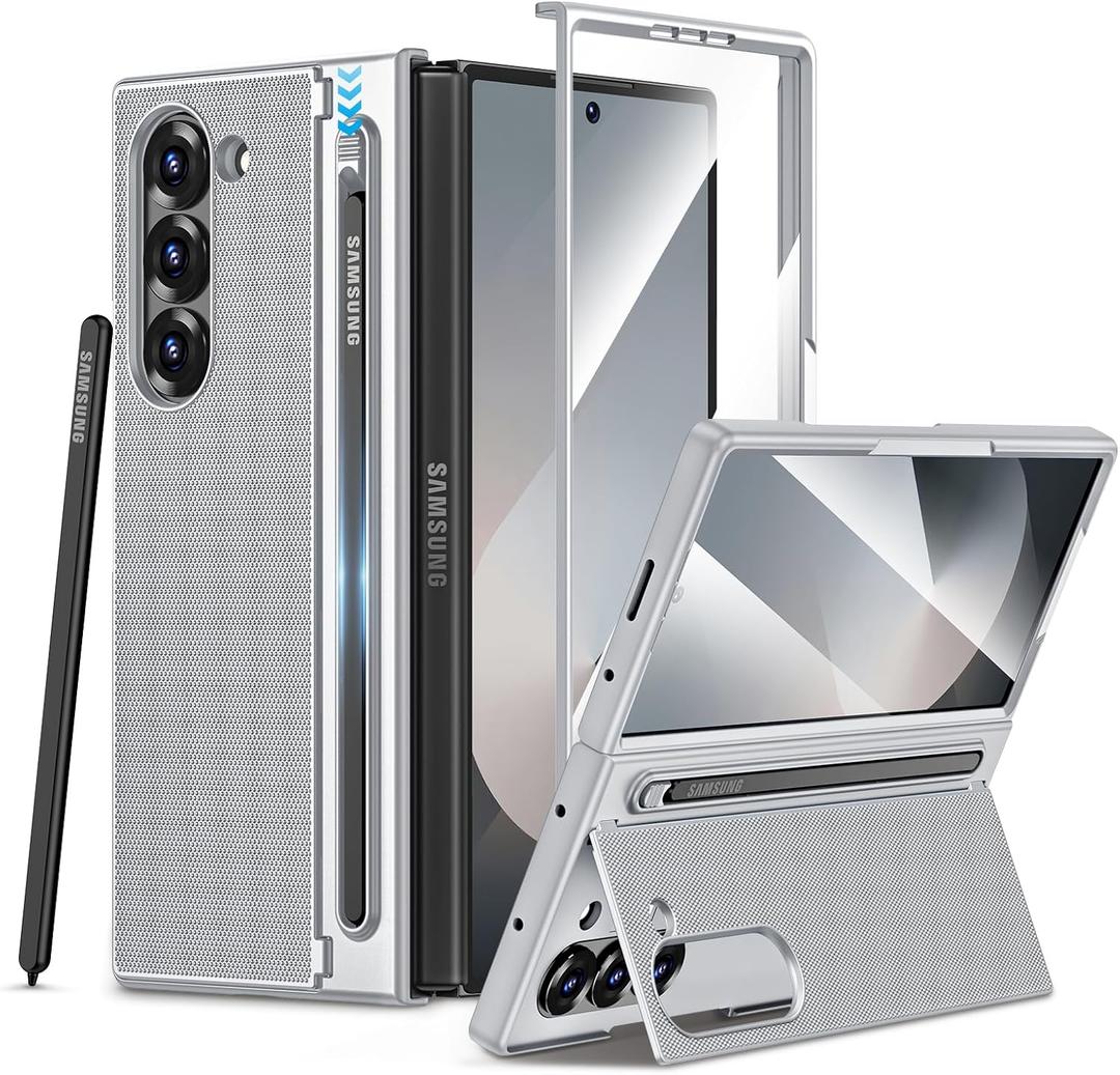 Maxdara for Z Fold 6 Case with S Pen Holder, with Hidden Kickstand and Built-in Screen Protector, Shockproof Phone Cover for Galaxy Z Fold 6, Silver