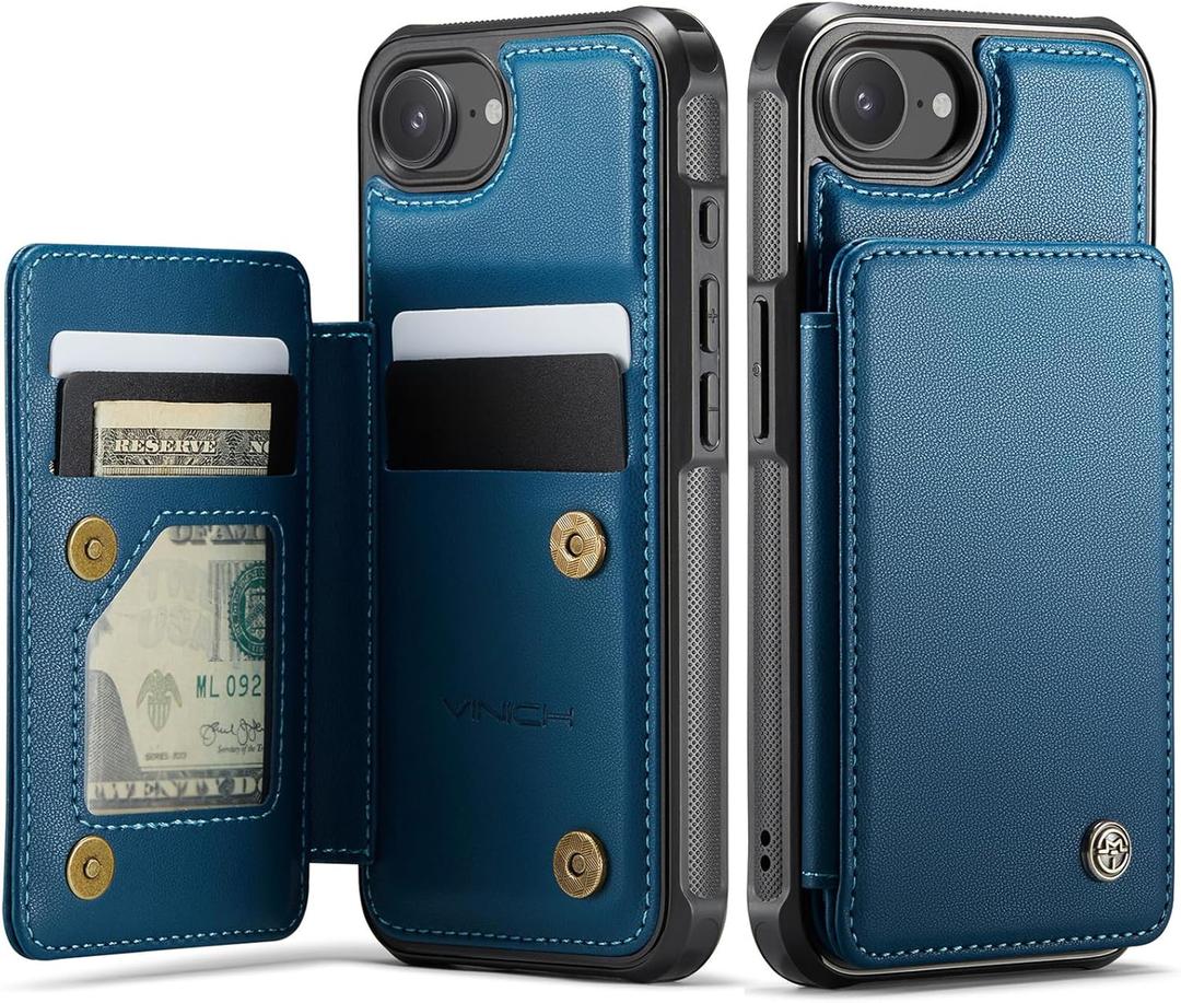 Vinich for iPhone 16e Wallet Case with Card Holder, RFID Blocking Credit Slots Kickstand Shockproof Phone Cover for Women Men, Blue