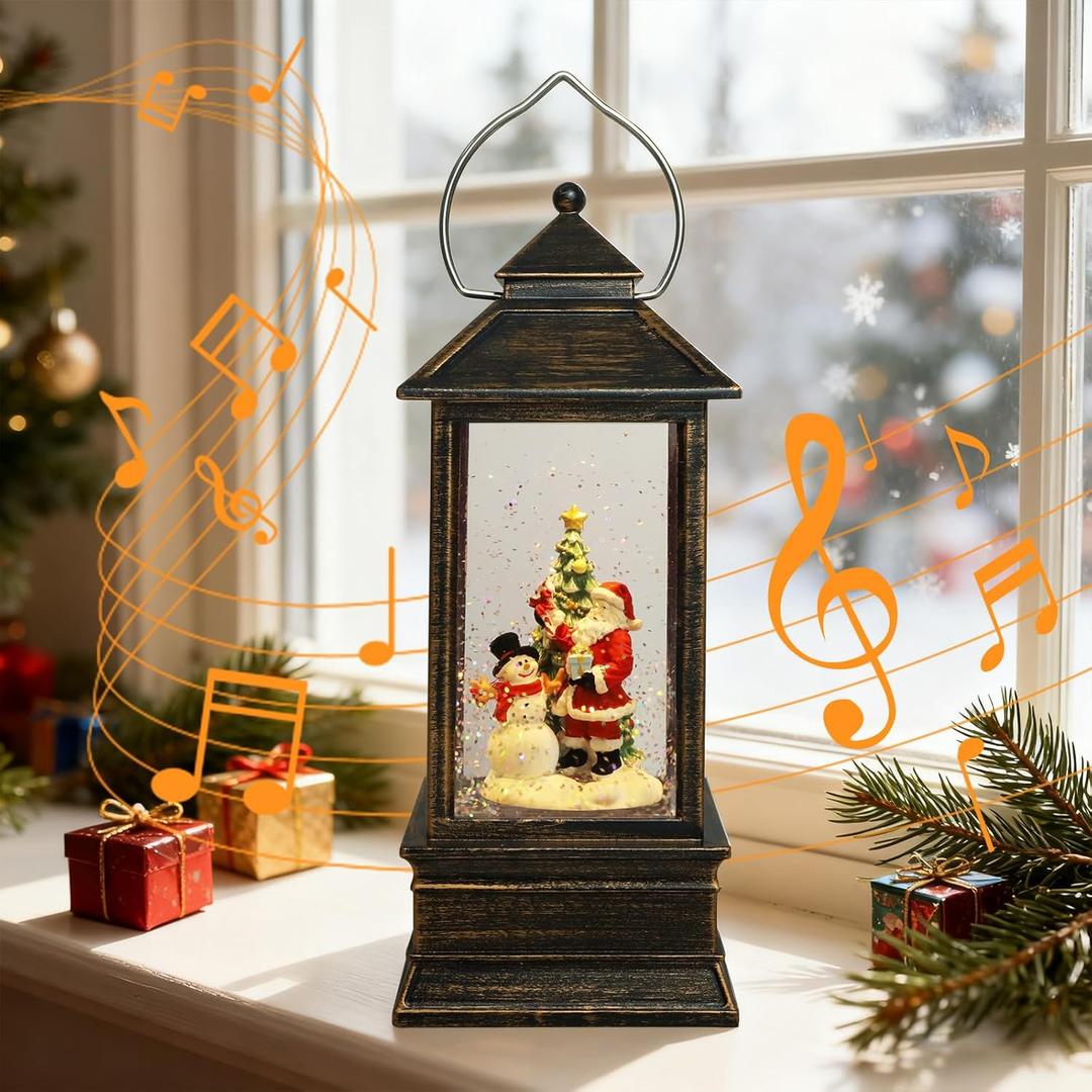 Christmas Snow Globe Lantern with Music USB Lined/Battery Operated Santa Snowman Tree Scene Lighted Christmas Lantern Water Glittering Snowing Globes Lamp for Home Festival Decoration Gifts