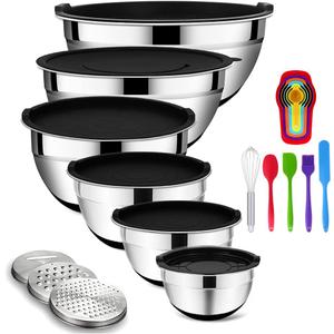 Rottay Mixing Bowls Set with Airtight Lids, 20PCS Stainless Steel, Nesting Bowls with 3 Grater Attachments & Non-Slip Bottoms, Size7, 4, 3, 2, 1.5, 1QT Bowls for Baking&Prepping (Black)