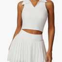 ABOCIW Womens Pleated Tennis Skirts Sleeveless V Neck Collar Racerback Workout Crop Tank Tops Sports Bra Golf Skorts Skirts Outfits #1 White M