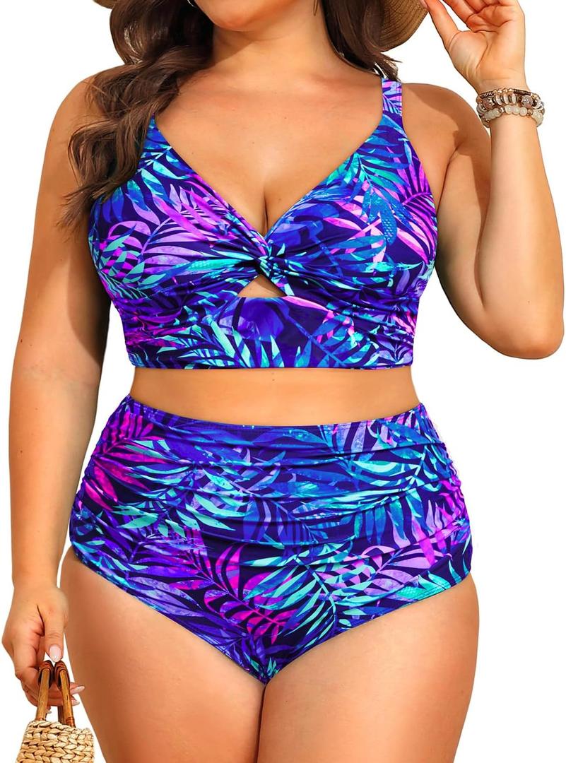 Daci Plus Size Two Piece Swimsuits - Women High Waisted Bikini Tummy Control Bathing Suits Knot Twist Swimwear 2025 (Blue Leaves, 18 Plus)