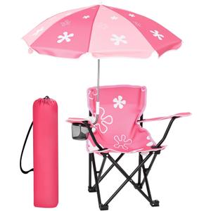 Outdoor Toddler Camping Chair with Umbrella Foldable Beach Chairs with Safety Lock for Kids Waterproof Lawn Kids Folding Chair for Outside Beach Travel(Flower)