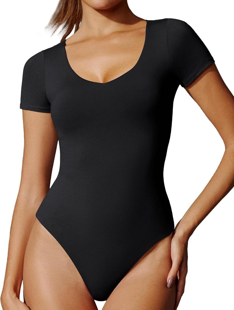 IUGA Bodysuits for Women Tummy Control Short Sleeve V Neck Body Suits for Womens Compression Slimming Thong Bodysuit (Medium, Black)